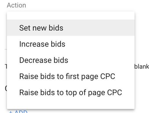 قوانین خودکار در Google Ads - گزینه Action
