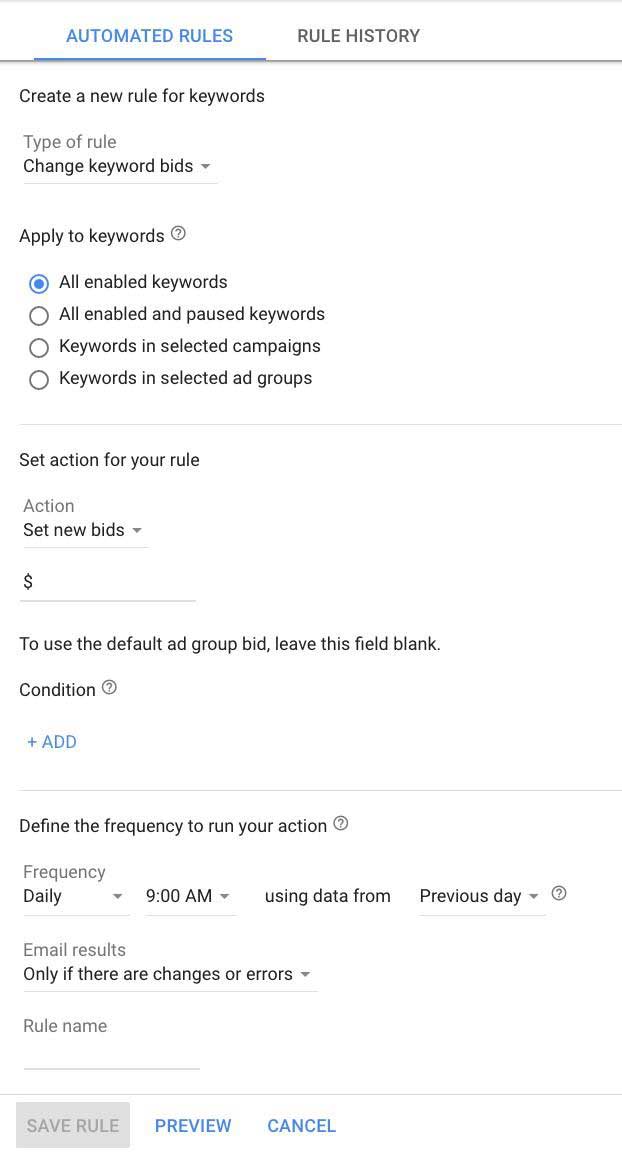 قوانین خودکار در Google Ads - ایجاد قوانین در ادوردز