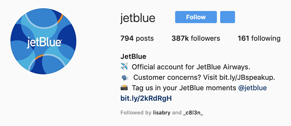 پروفایل اینستاگرام - JetBlue
